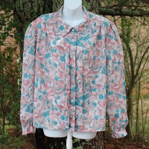Vintage The American Collection Women's Pink and Green Floral Long Sleeve Top